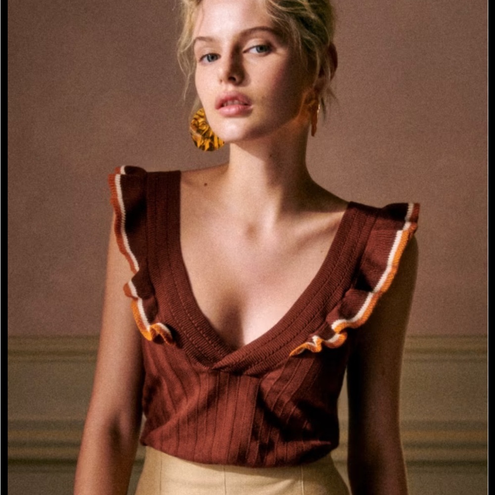 Sezane Brown Ruffle Top
